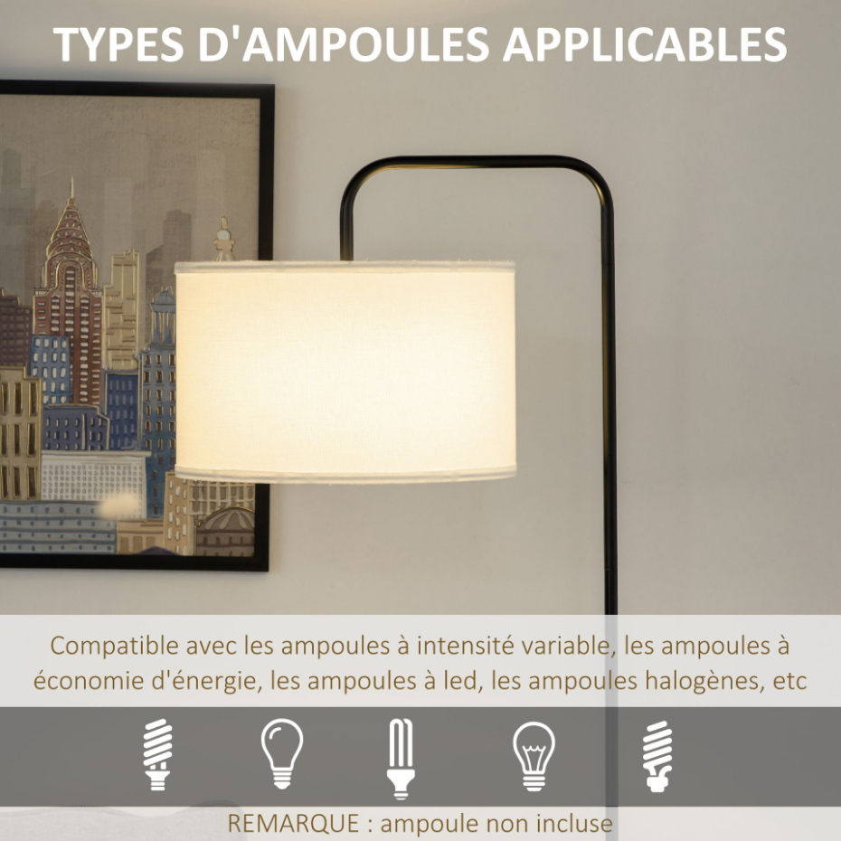 Lampadaire design néo-rétro 163H cm abat-jour aspect lin blanc acier