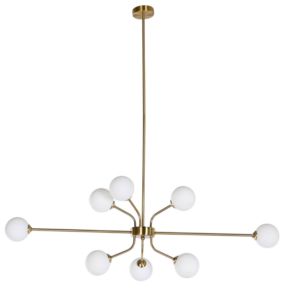 Suspension en métal doré et 8 globes en verre opale blanc 110x38x38cm