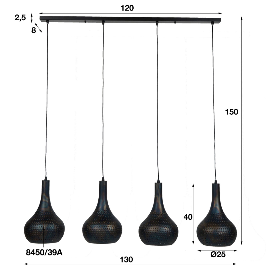 Suspension rétro en métal ajouté noir 4 lampes JAVA