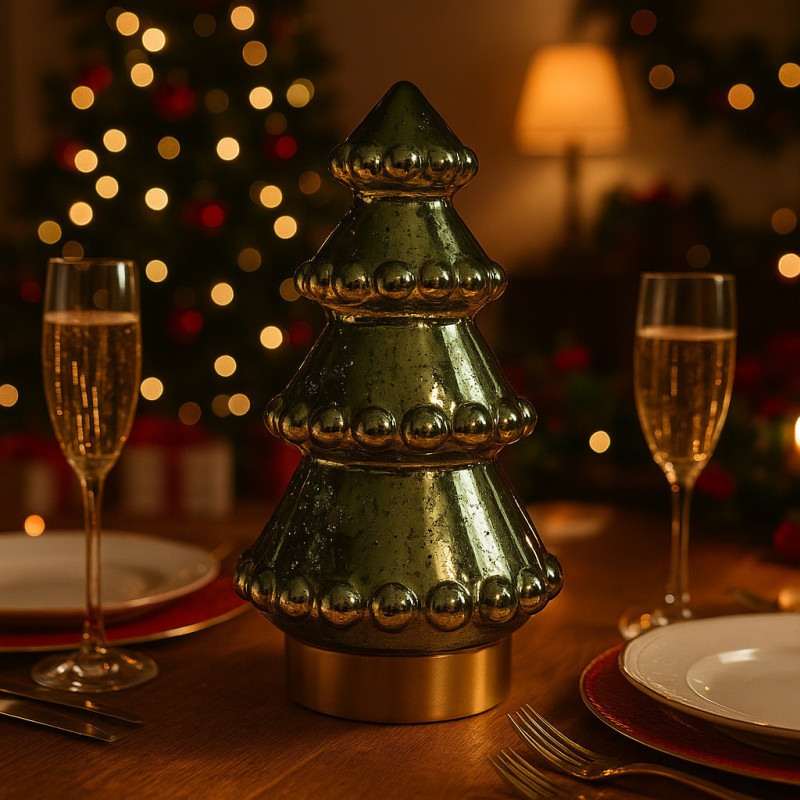 Lampe de table à piles Sapin vert et or