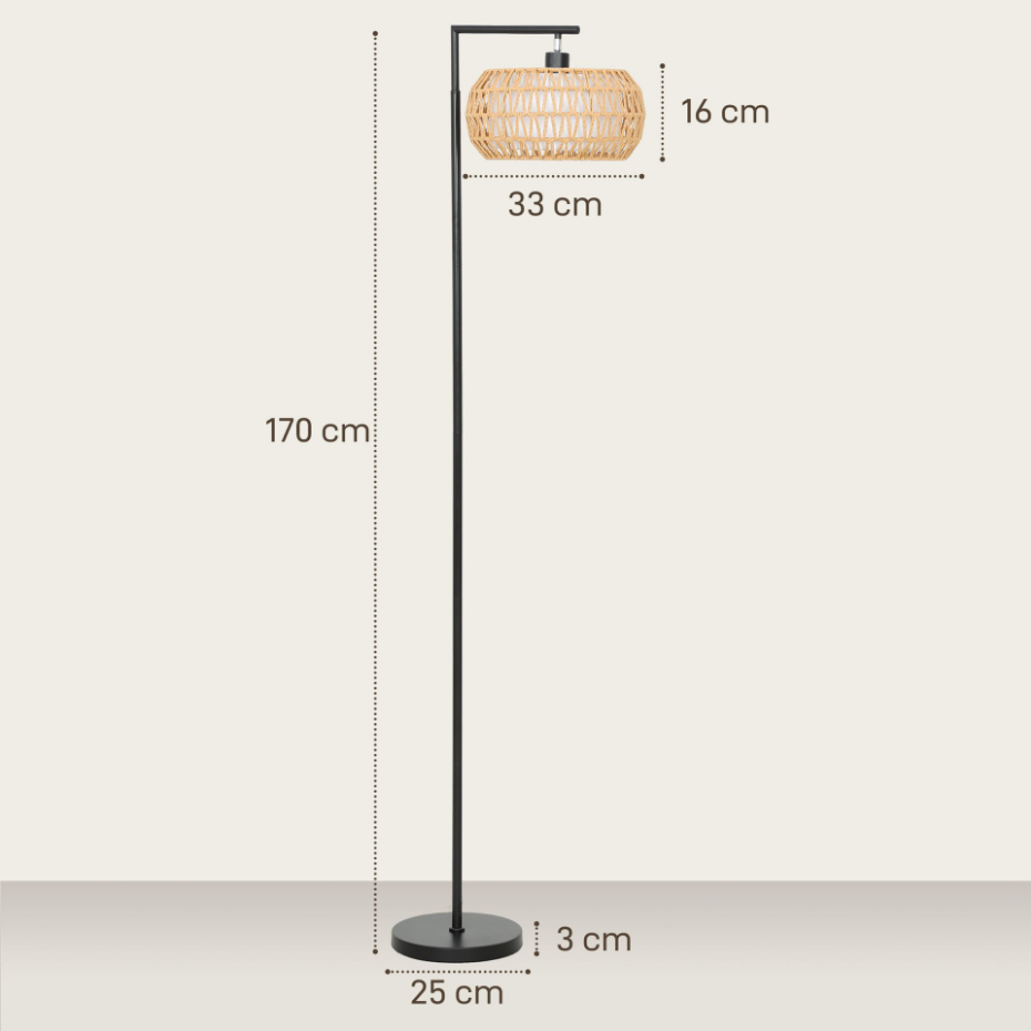 Lampadaire sur pied style bohème H.170cm métal noir tissu tressé
