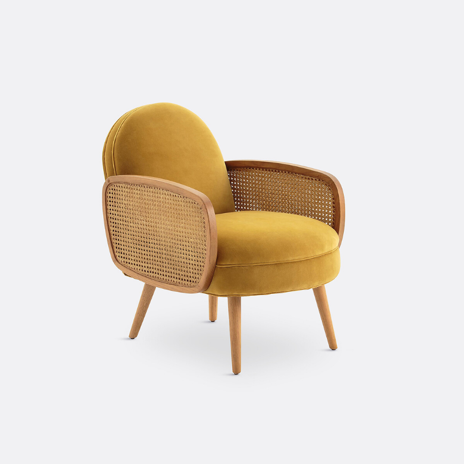 Fauteuil velours et cannage, Buisseau