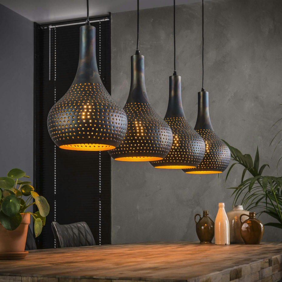 Suspension rétro en métal ajouté noir 4 lampes JAVA