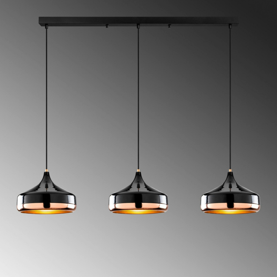 Suspension de table noire & cuivre, 3 abat-jour évasés SILE