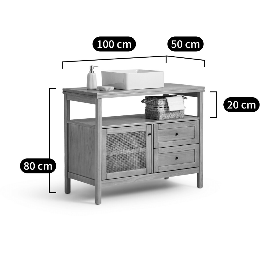 Meuble sous vasque pin et cannage L100 cm, Gabin