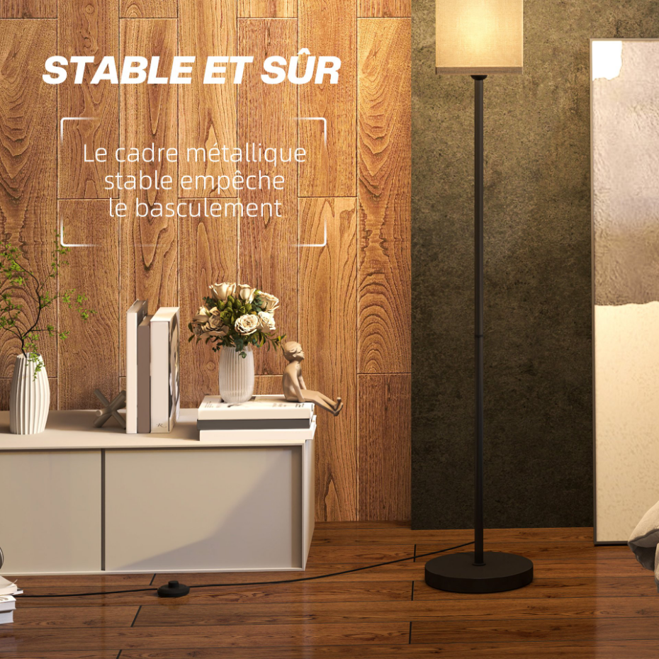 Lampadaire droit style moderne H.161 cm métal noir beige effet lin