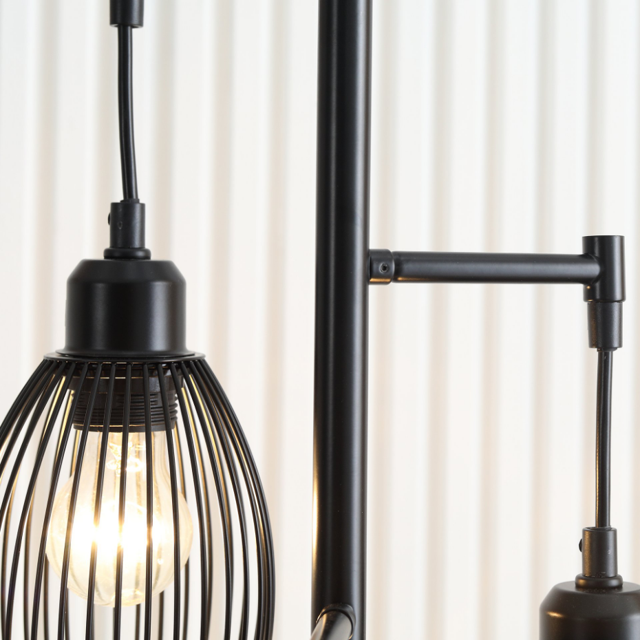 Lampadaire design industriel 3 têtes métal filaire acier noir