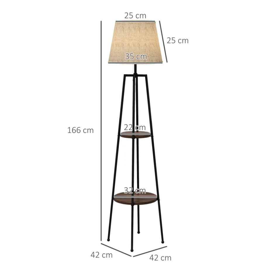Lampadaire design contemporain 2 étagères 166H cm métal noir aspect bois noyer tissu beige