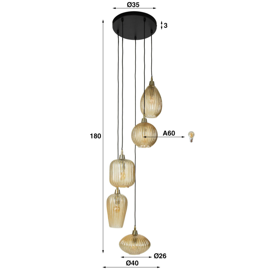 Suspension en verre ambré 5 lampes NOVA