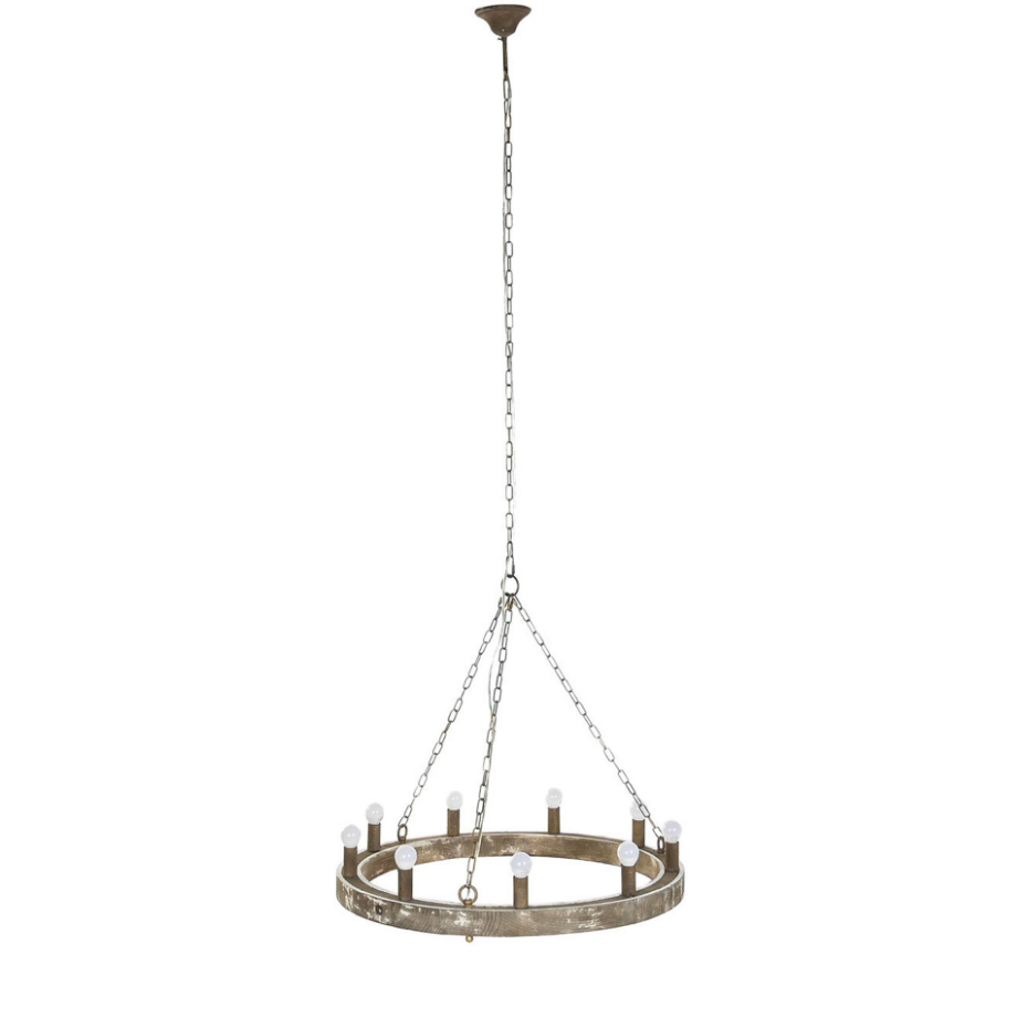 Plafonnier rond en bois  et métal vieilli 9 ampoules 78x78x13cm