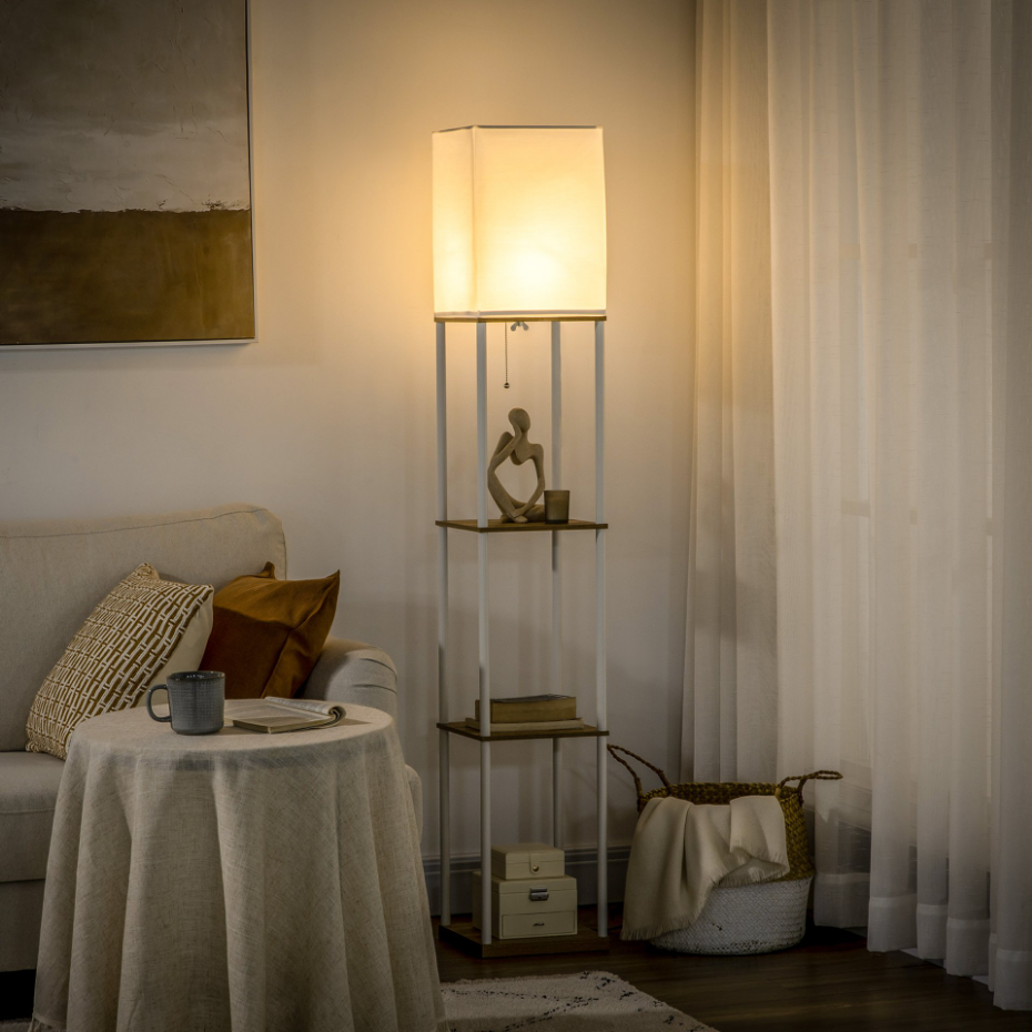 Lampadaire étagères 3 niveaux aspect bois et blanc