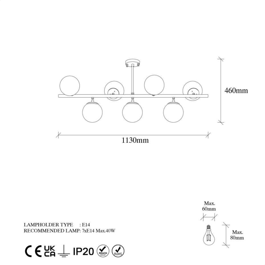 Suspension cuisine design – 7 globes sur barre SIERRE
