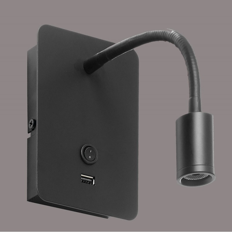 Applique Tête De Lit Noire Flexible Focus Avec Port Usb