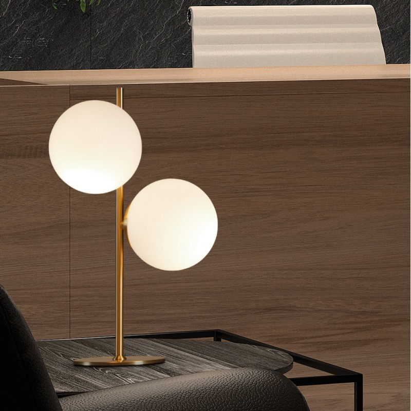 Lampe A Poser Rondo Laiton Mat 2 Globes Verre