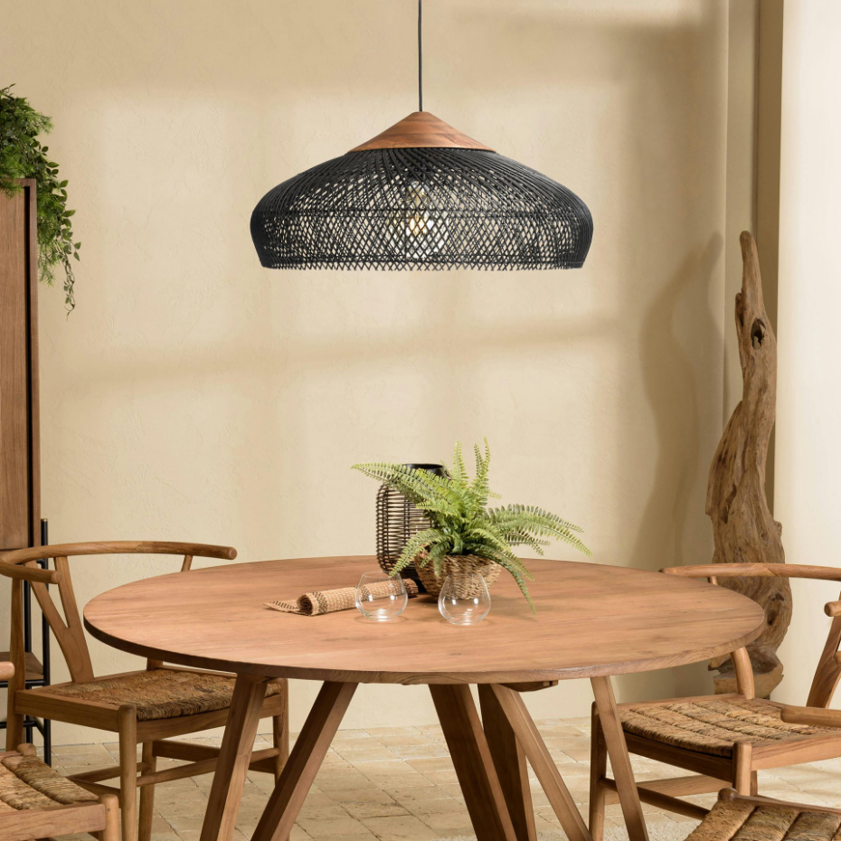 Suspension ronde 65cm en rotin et teck FOLELLI