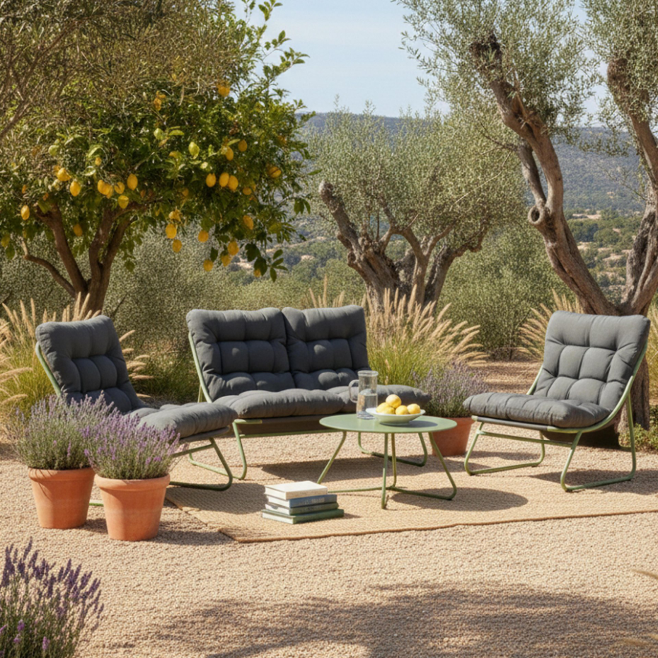 Salon de jardin 4 places en métal avec 1 canapé, 2 fauteuils et table basse, DUMBEA