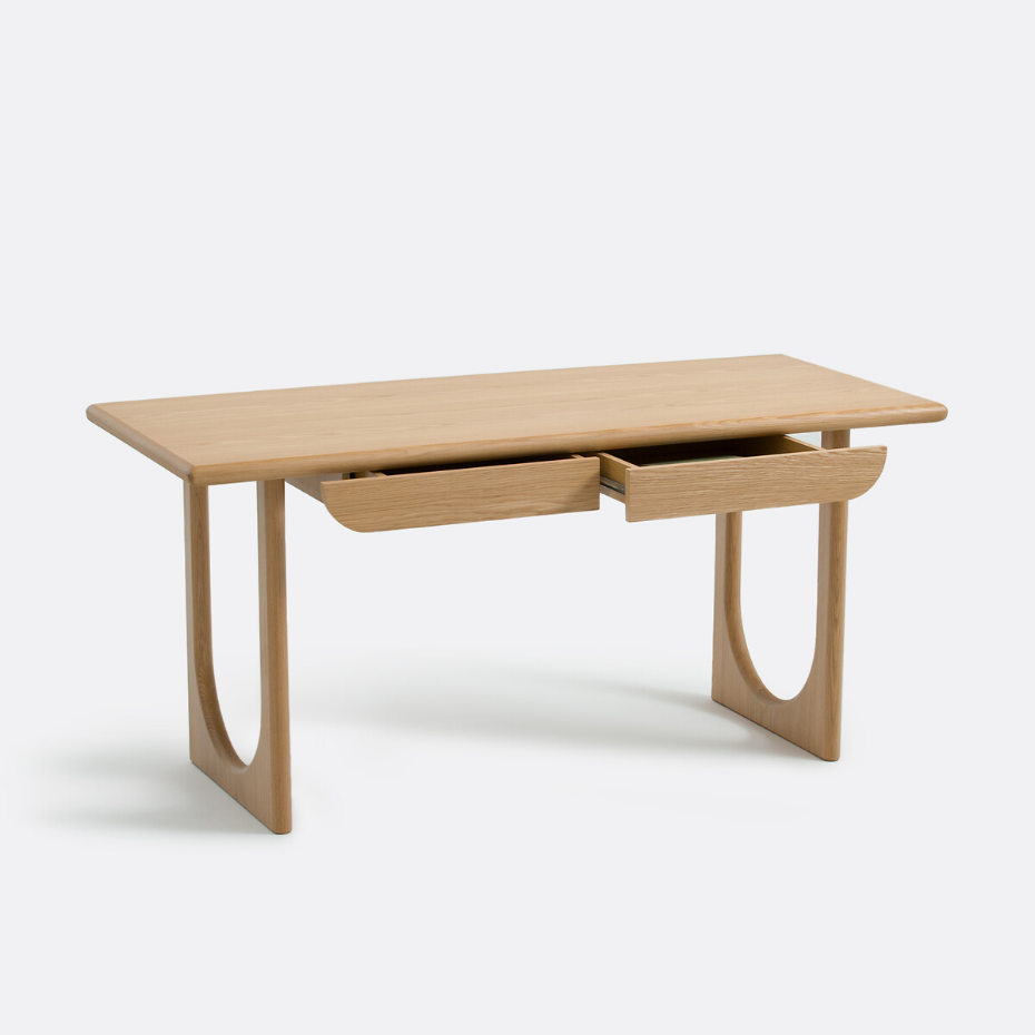 Bureau XL en chêne et plaqué, 2 tiroirs, Douve