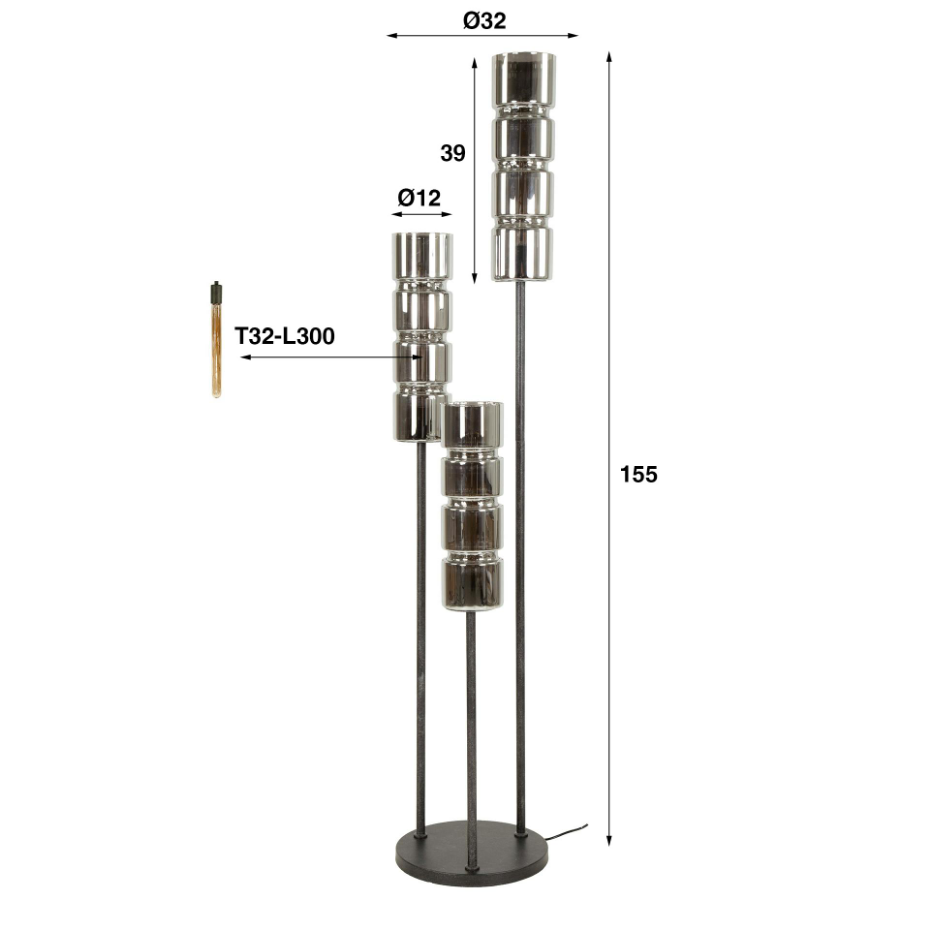Lampadaire design en verre chromé, 3 abat-jour cylindriques RALF