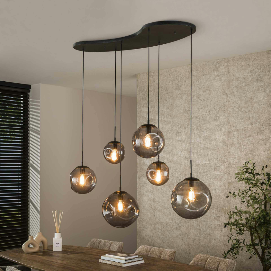 Suspension en verre fumé – 6 globes déformés NIAGARA