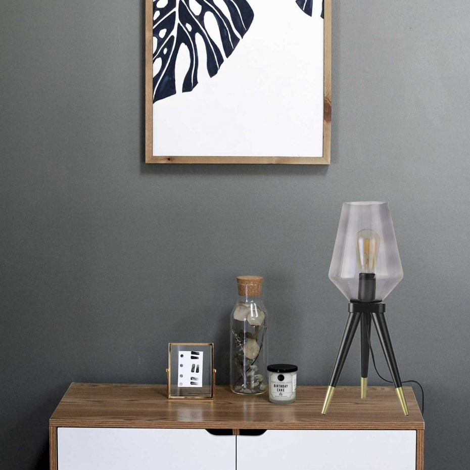 Lampe à poser trépied en bois d'hévéa, verre et métal, TRIBLUE