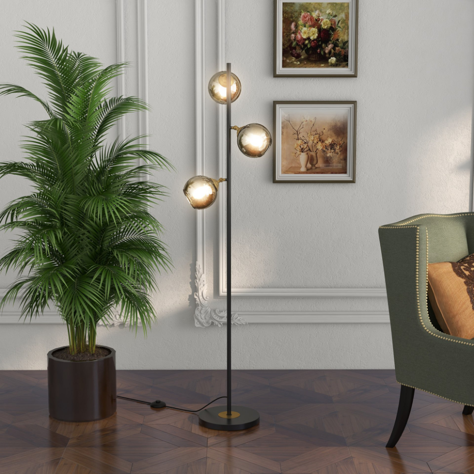 Lampadaire globe design néo-rétro 3 ampoules orientables H. 162 cm métal noir doré verre gris