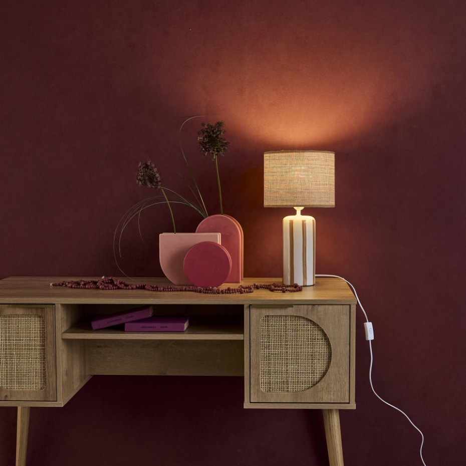 Lampe de table intérieur céramique abat-jour effet rotin H 44cm AURORE