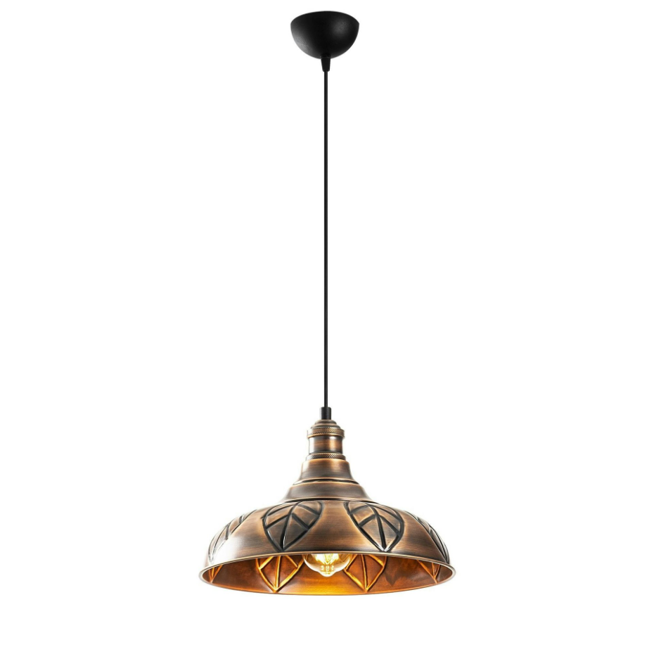 Suspension rustique en métal cuivré décor feuille SILE