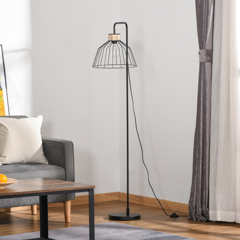 Lampadaire design industriel grillagé et arqué métal noir rotin