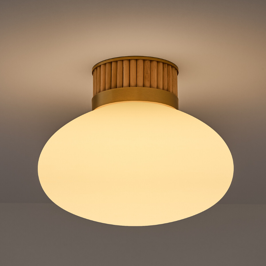 Plafonnier ou applique, en laiton, bambou et verre opaline, DOLCE