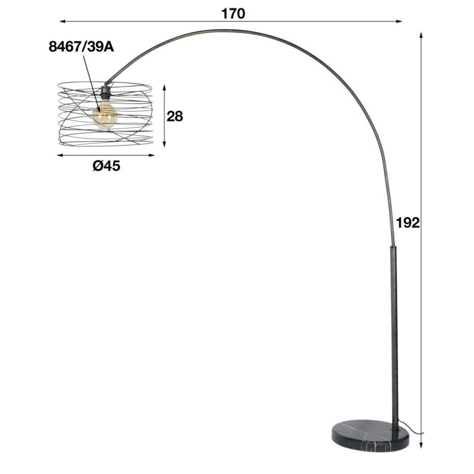 Lampadaire arc forme tourbillon anthracite noir