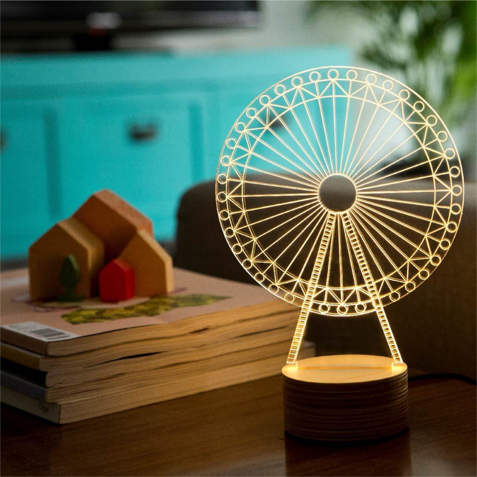 Lampe 3D en verre motif grande roue à LED