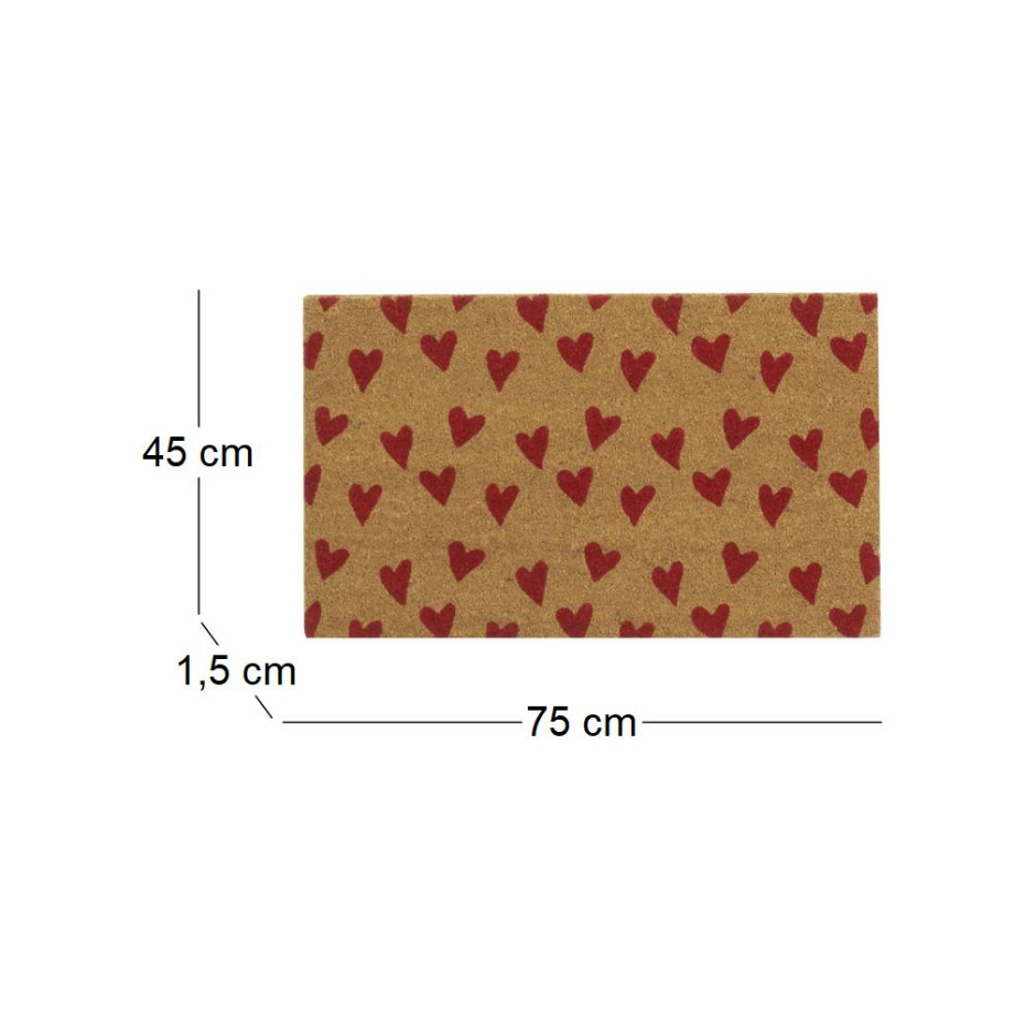 Paillasson coco intérieur extérieur 75 x 45 cm Coeurs imprimés rouges