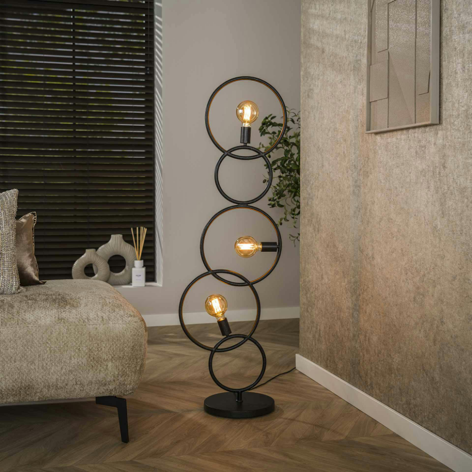 Lampadaire de salon noir – 5 anneaux design TRIBECA