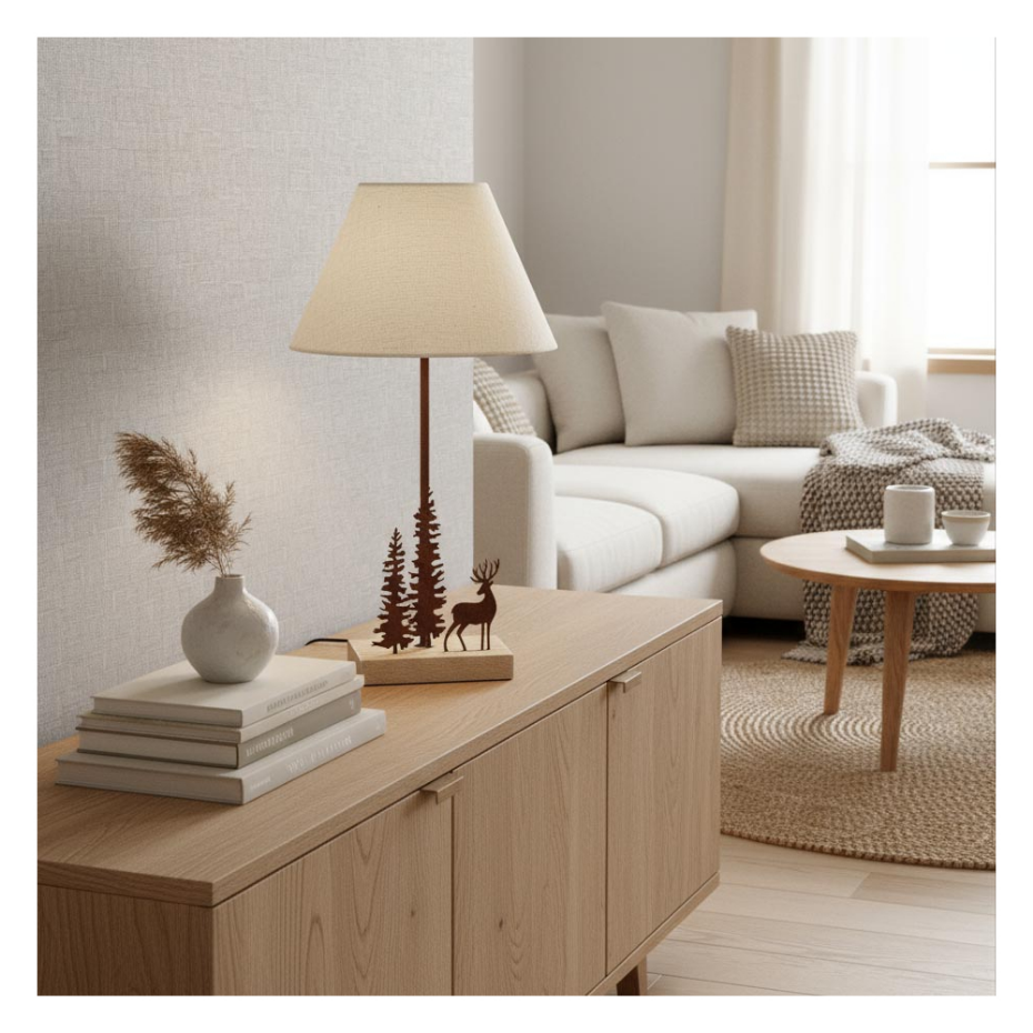 Lampe en métal et bois décor Forêt 1 cerf + 2 sapins