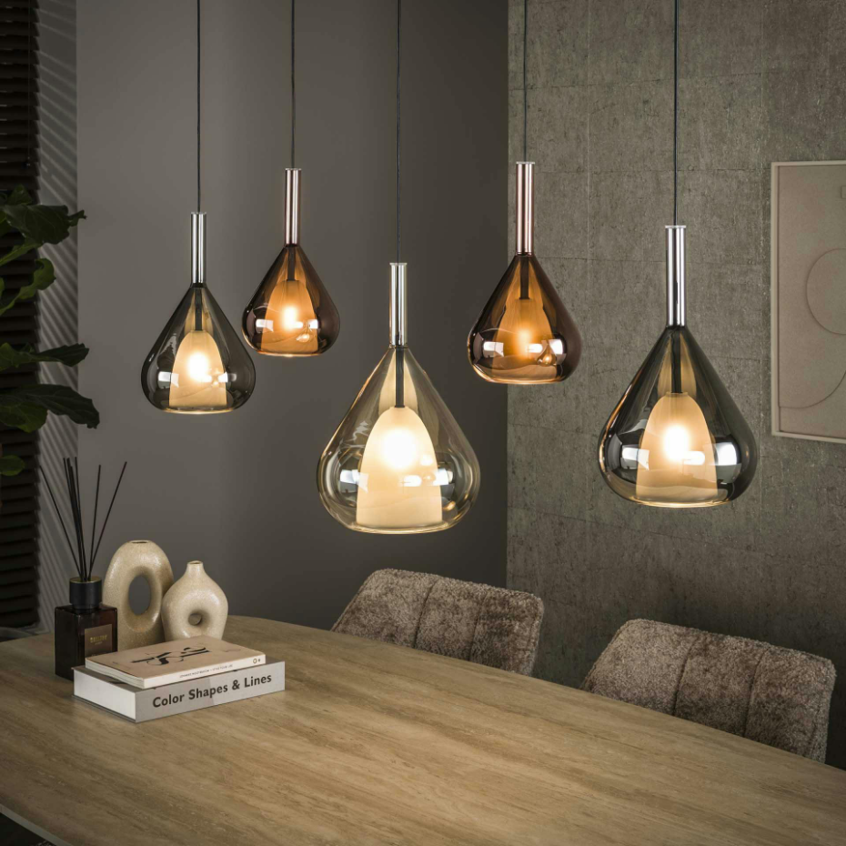 Suspension design verre 3 couleurs, 5 abat-jour goutte NIAGARA