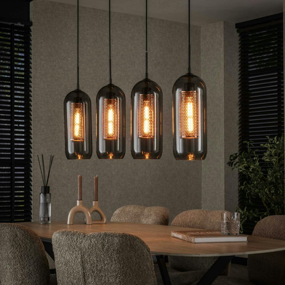 Suspension en verre fumé et métal cuivré 4 lampes horizontales NOVA
