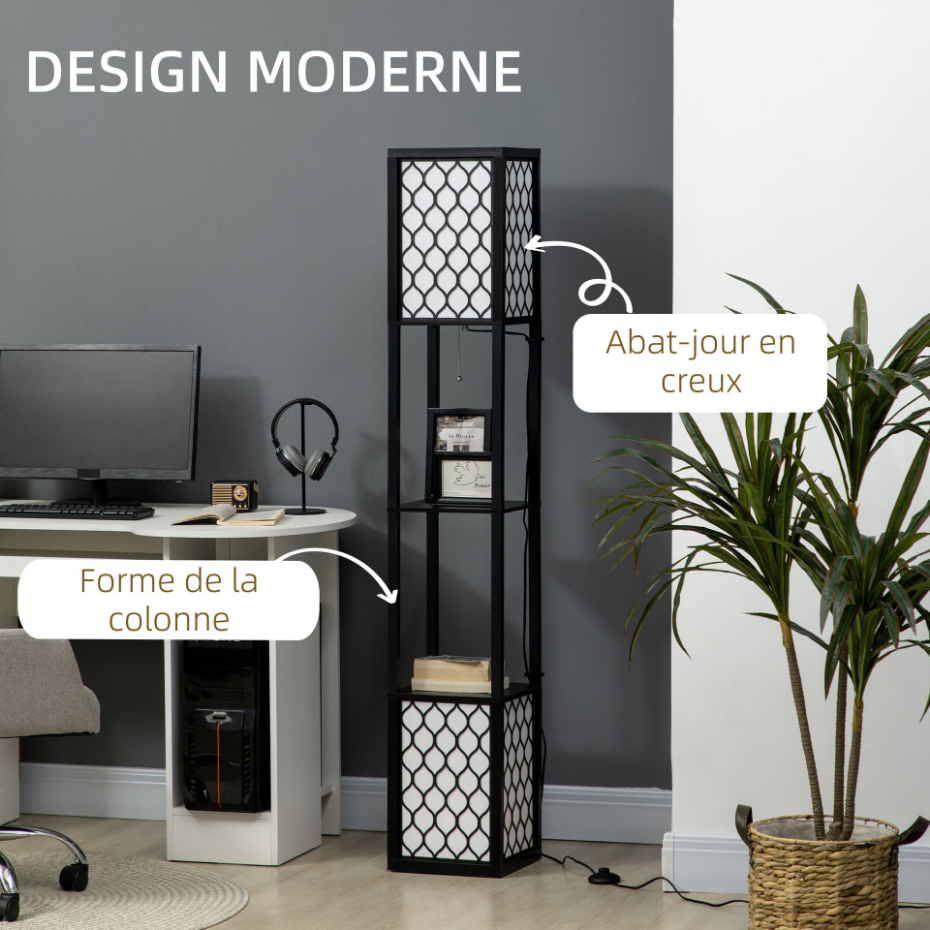 Lampadaire 2 étagères MDF abat-jour tissu motif nid d'abeille