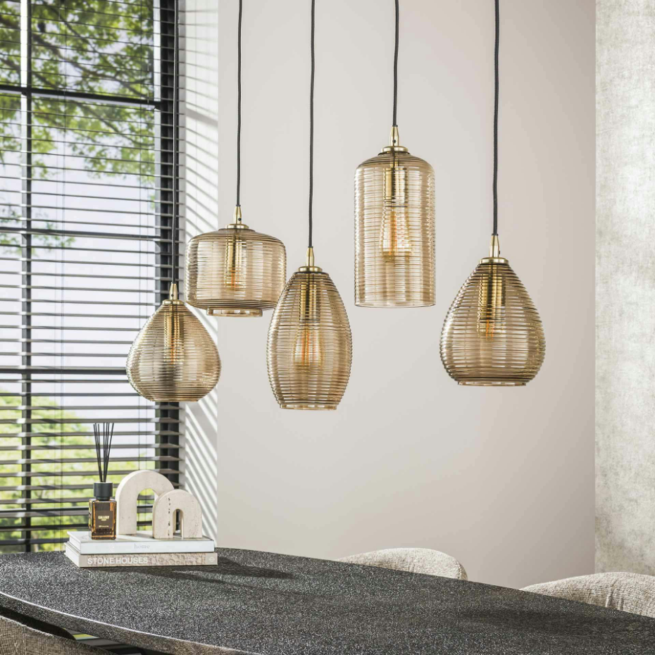 Suspension de table en verre brun 5 lampes striées NOVA