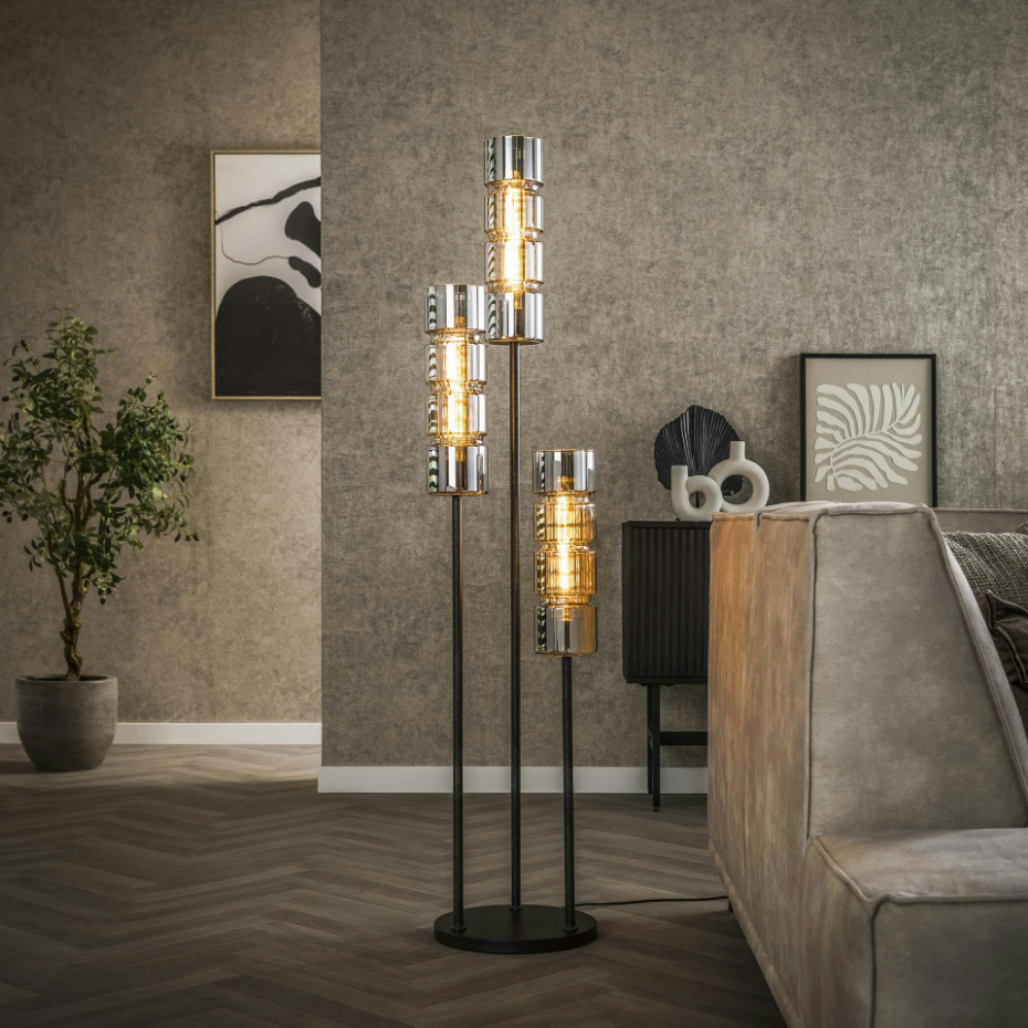 Lampadaire design en verre chromé, 3 abat-jour cylindriques RALF