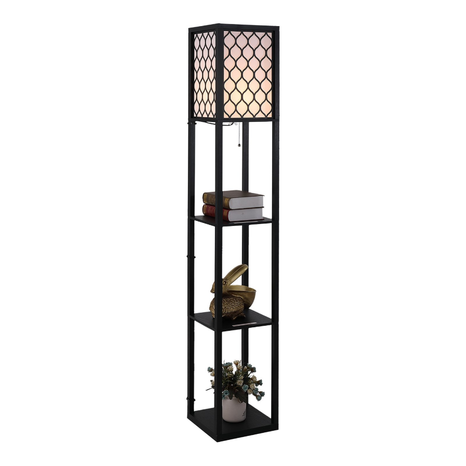 Lampadaire 3 étagères MDF noir abat-jour tissu motif nid d'abeille
