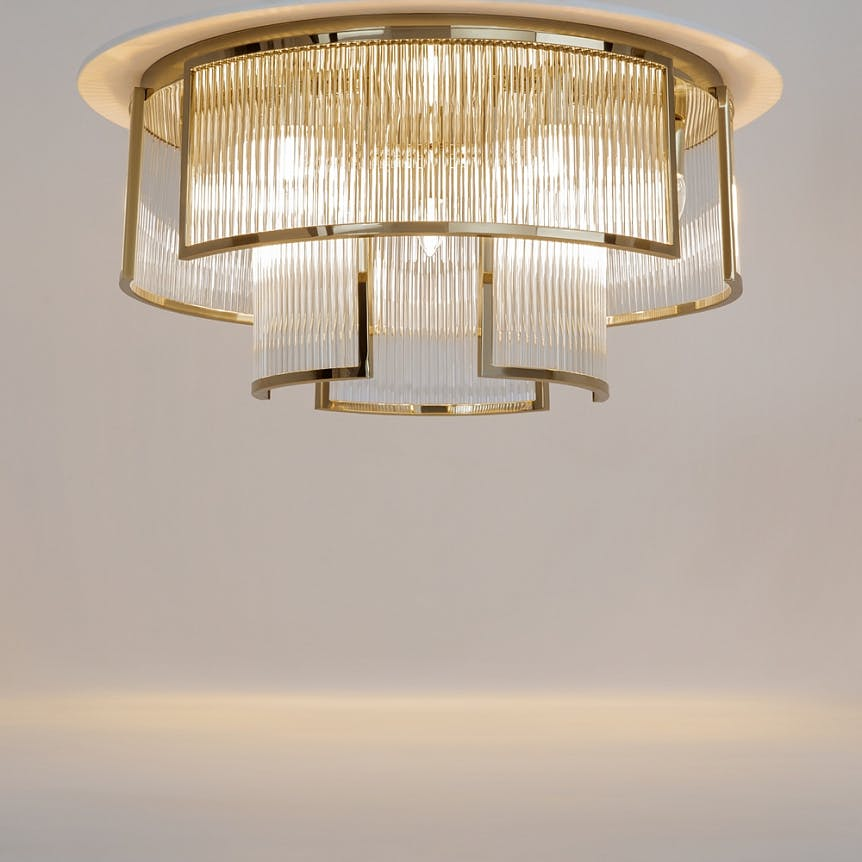 Plafonnier Art Déco verre cannelé – structure dorée ⌀65 cm ELMA