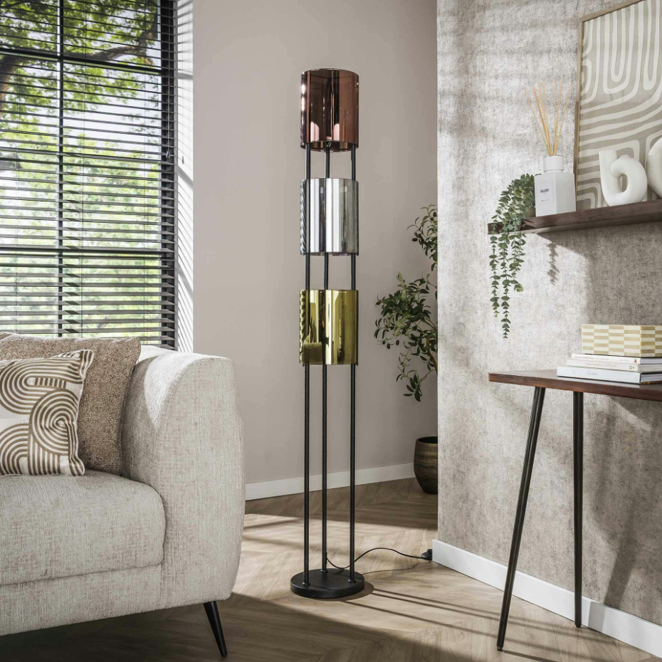 Lampadaire moderne tricolore, 3 abat-jour en verre NIAGARA