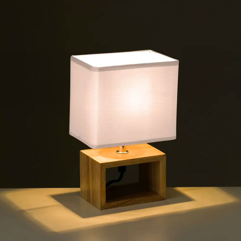 Lampe à Poser Rectangle Bois Abat-jour Blanc