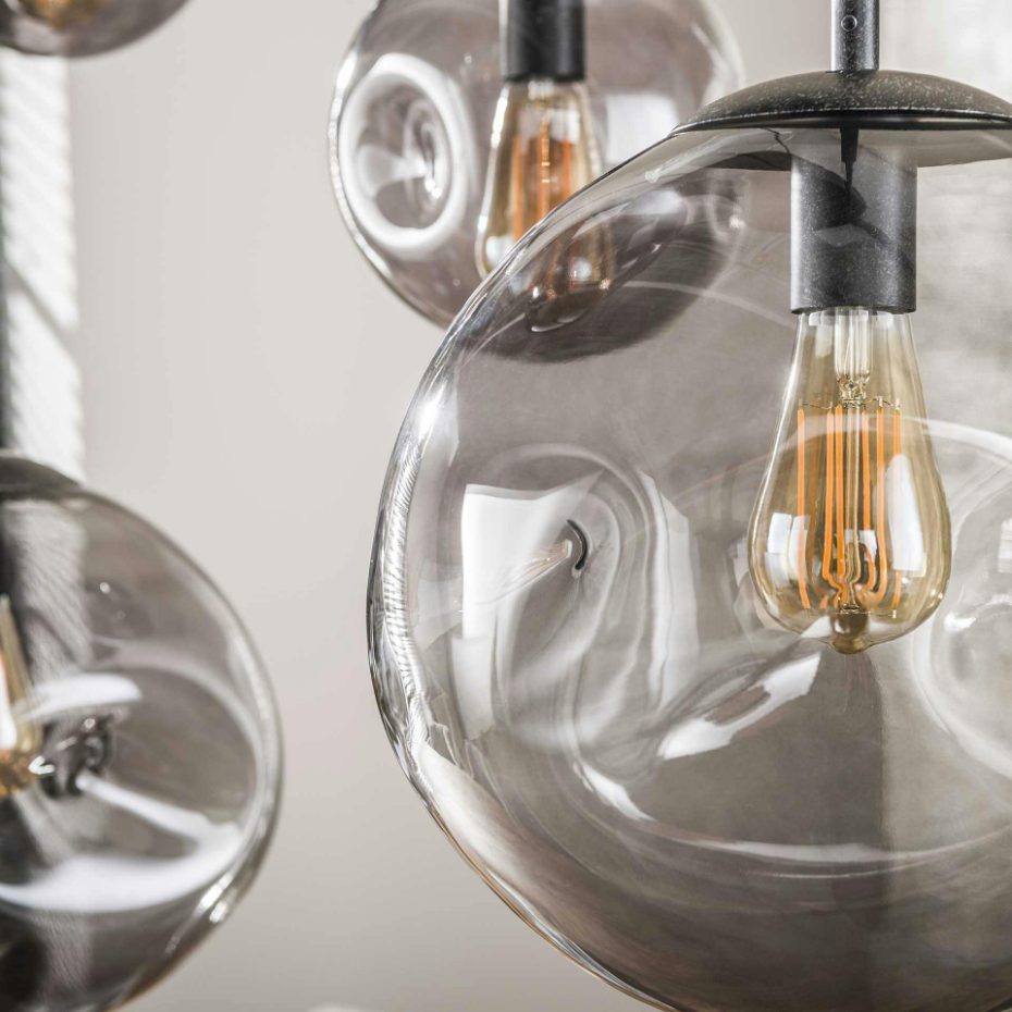 Suspension en verre fumé – 6 globes déformés NIAGARA