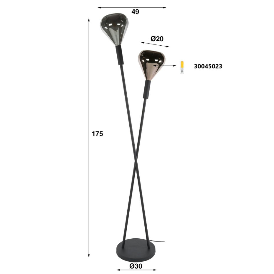 Lampadaire design tiges croisées, 2 abat-jour gouttes NIAGARA