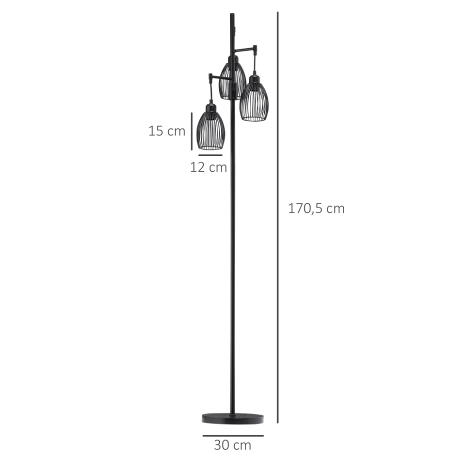 Lampadaire design industriel 3 têtes métal filaire acier noir