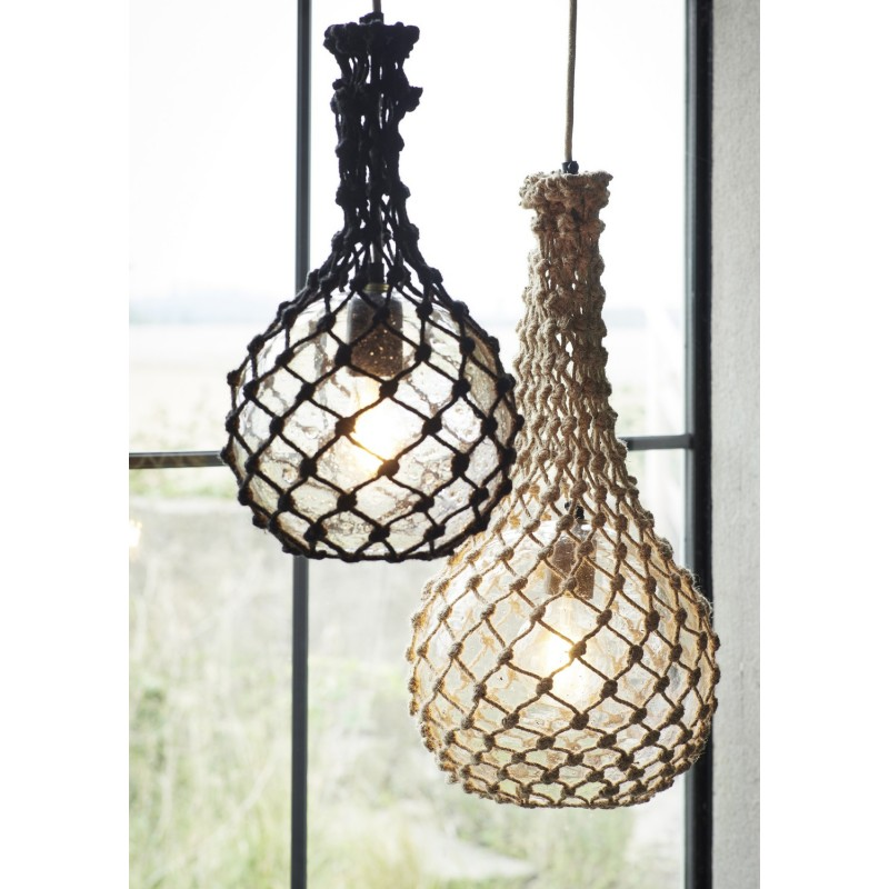 Suspension boule verre filet de jute