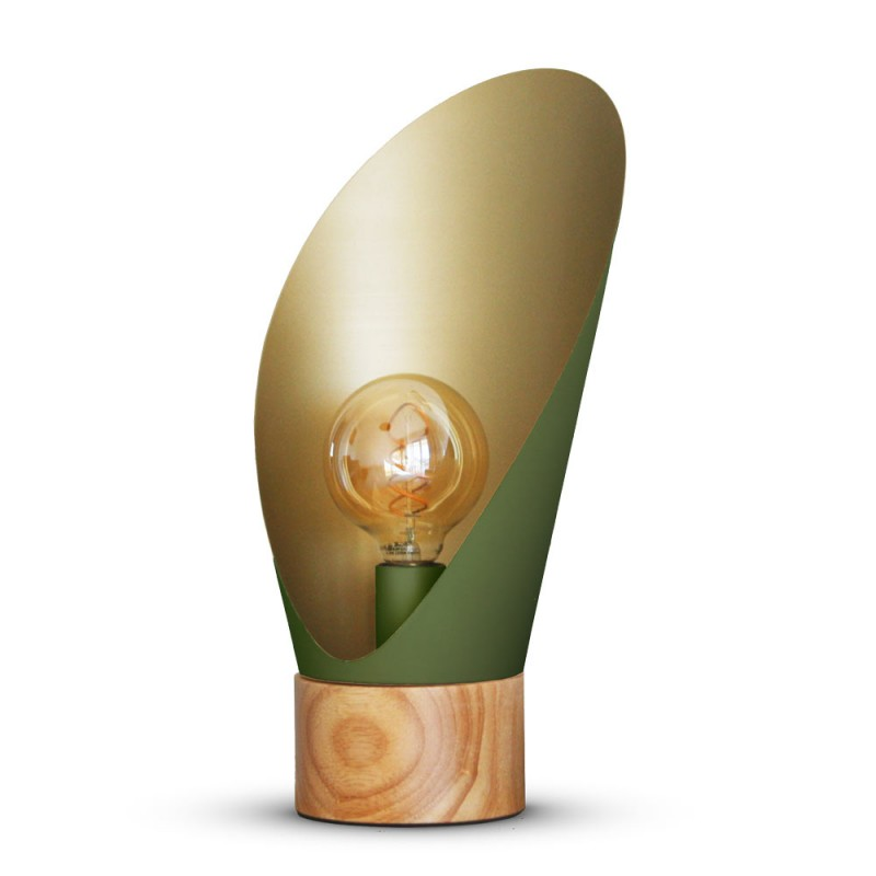 Lampe A Poser Spoon Xl Métal Vert Socle En Bois