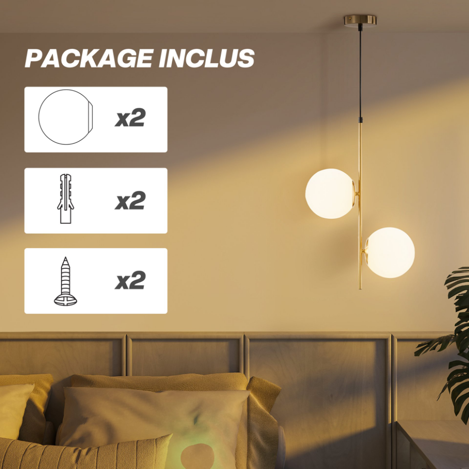 Suspension design néo-rétro 2 globes verre blanc opaque métal doré