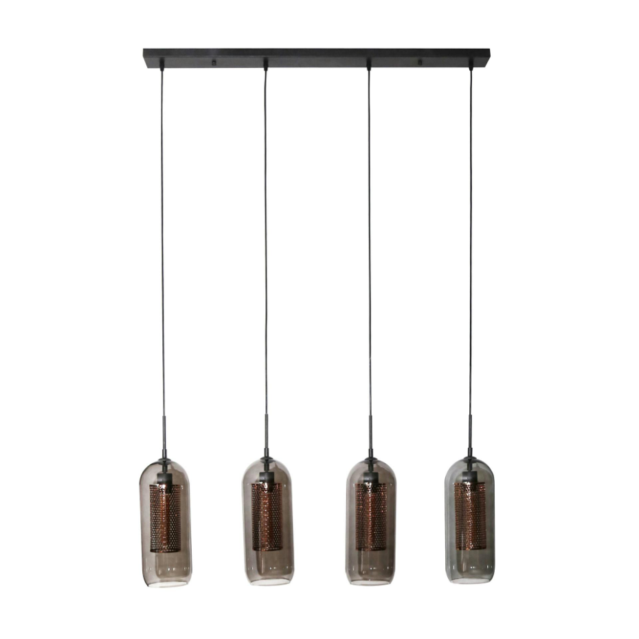Suspension en verre fumé et métal cuivré 4 lampes horizontales NOVA